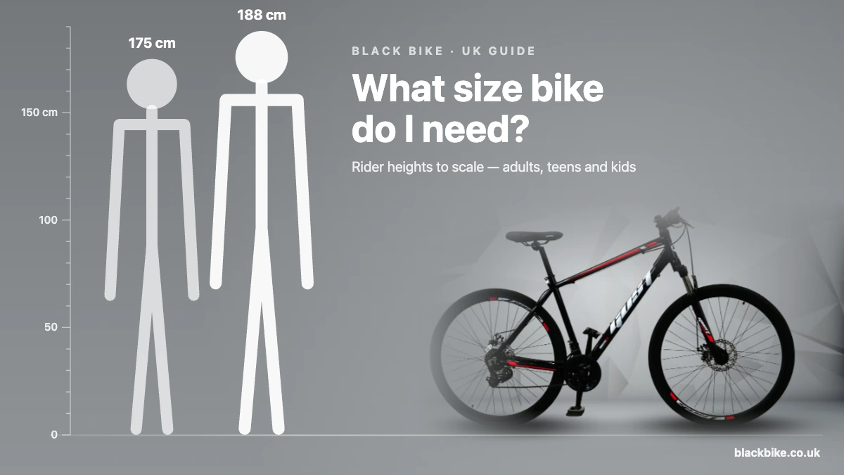 UK bike size guide: riders of 175 cm and 188 cm shown to scale beside a Black Bike 26-inch city hybrid bike